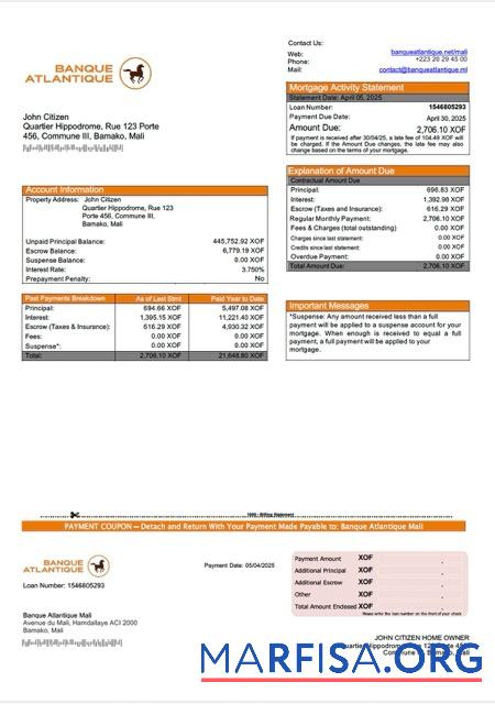 Realistic Mali Banque Atlantique Mali mortgage statement Word and PDF template